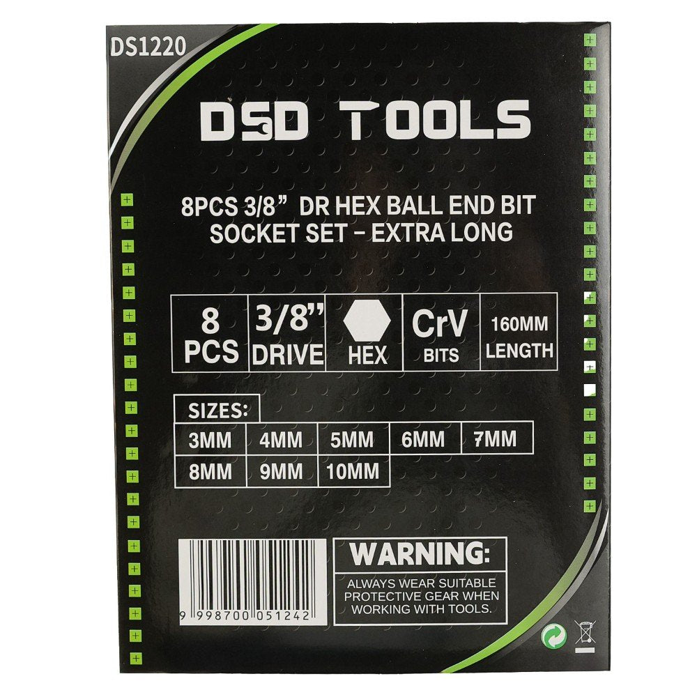 DSD TOOLS 8PCS 3/8” DR HEX BALL END BIT SOCKET SET - EXTRA LONG DS1220 image 2