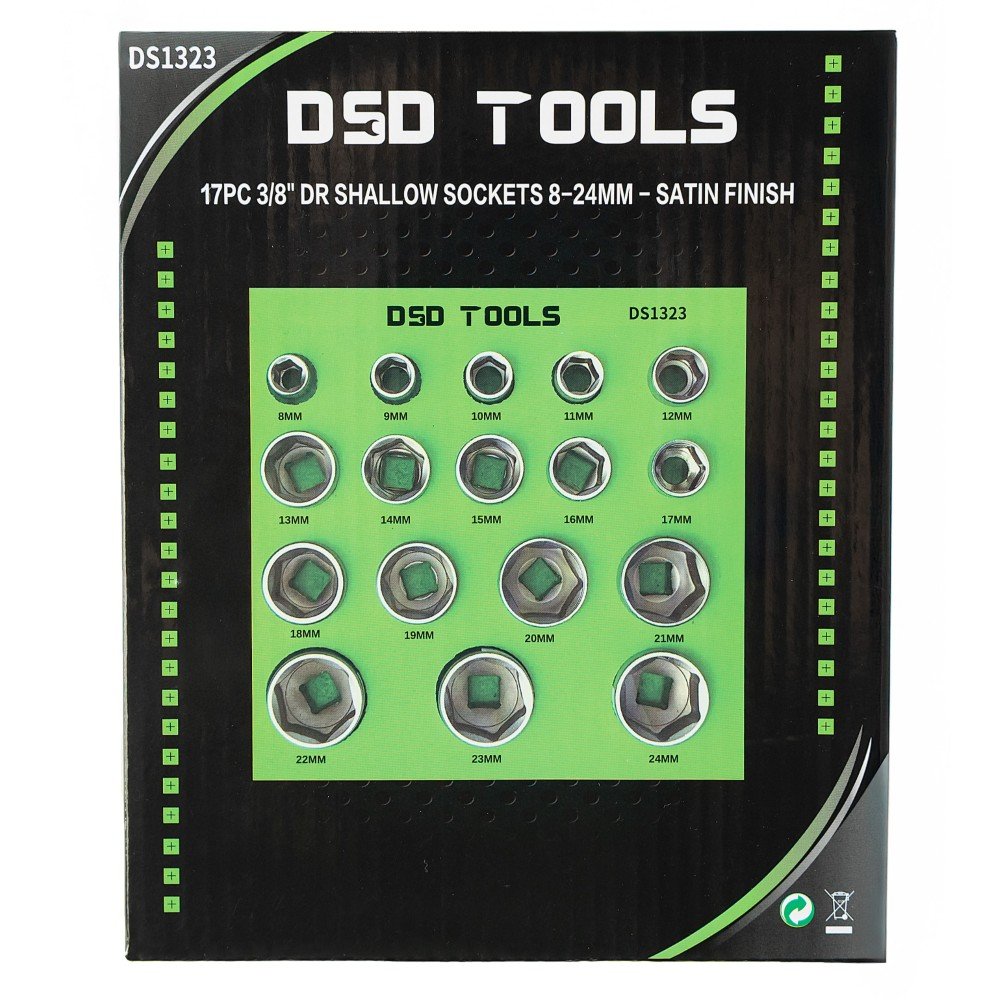 DSD TOOLS 17PC 3/8" DR SHALLOW SOCKETS 8-24MM - SATIN  FINISH DS1323 image 1