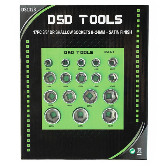 DSD TOOLS 17PC 3/8" DR SHALLOW SOCKETS 8-24MM - SATIN  FINISH DS1323 image 1