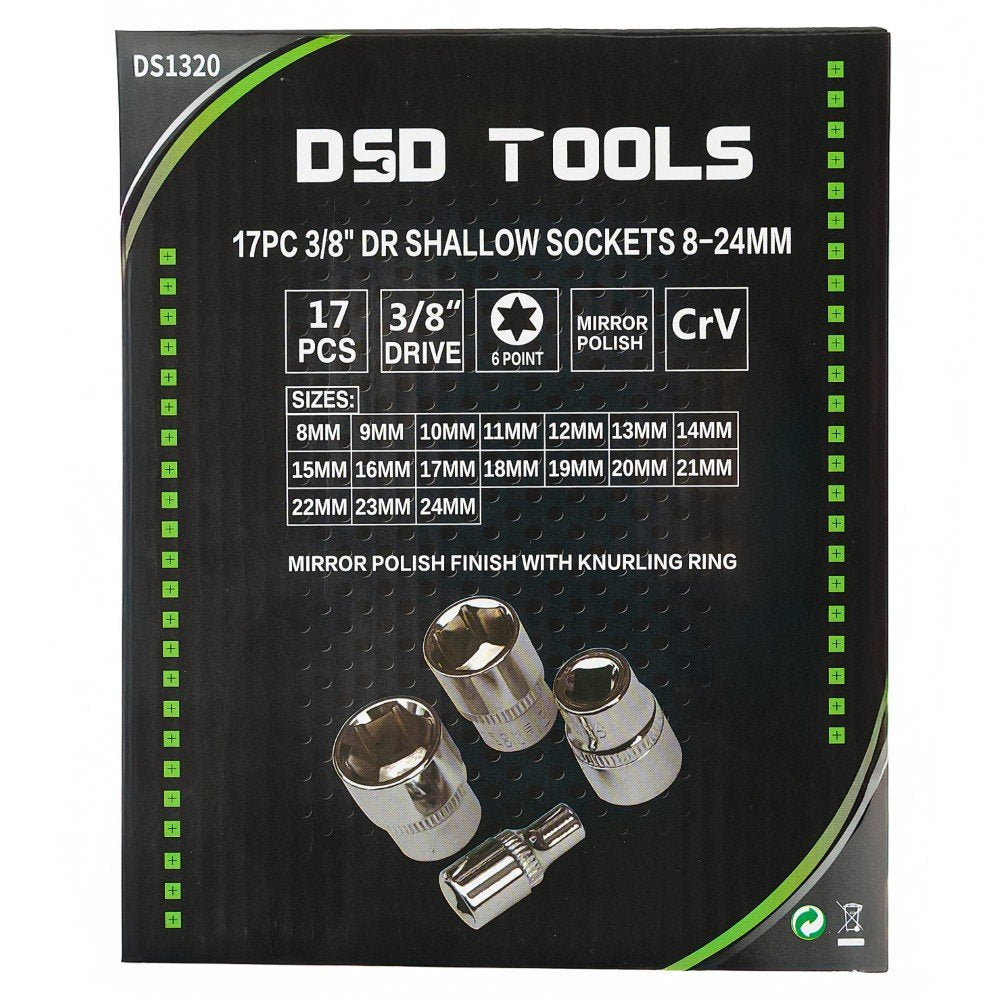 DSD TOOLS 17PC 3/8" DR SHALLOW SOCKETS 8-24MM DS1320 image 2