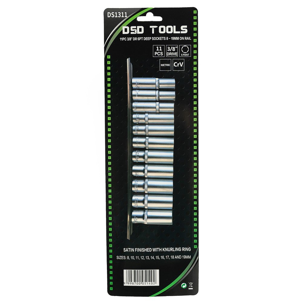 DSD TOOLS 11PC 3/8" DR 6PT DEEP SOCKETS 8 - 19MM ON RAIL DS1311 image 2