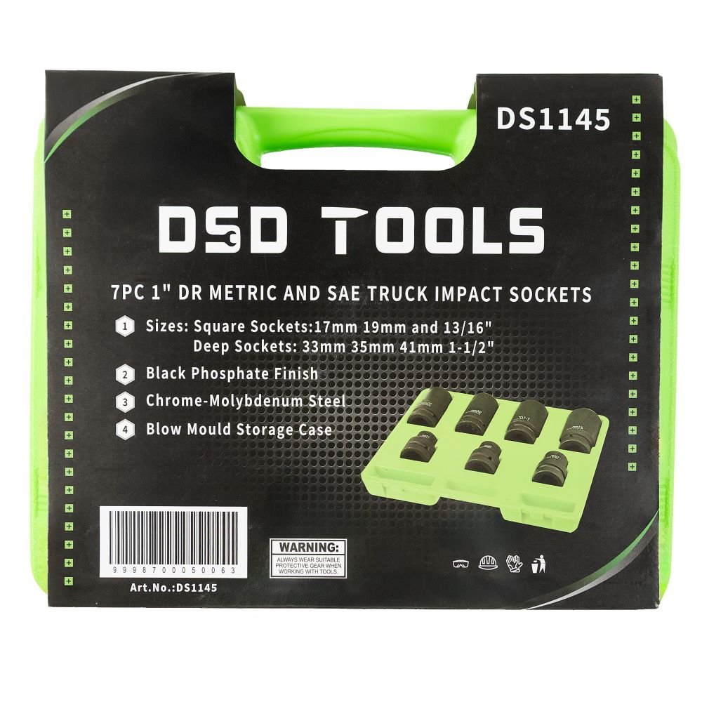 DSD TOOLS 7PC 1" DRIVE METRIC & SAE TRUCK IMPACT SOCKET SET DS1145 image 2