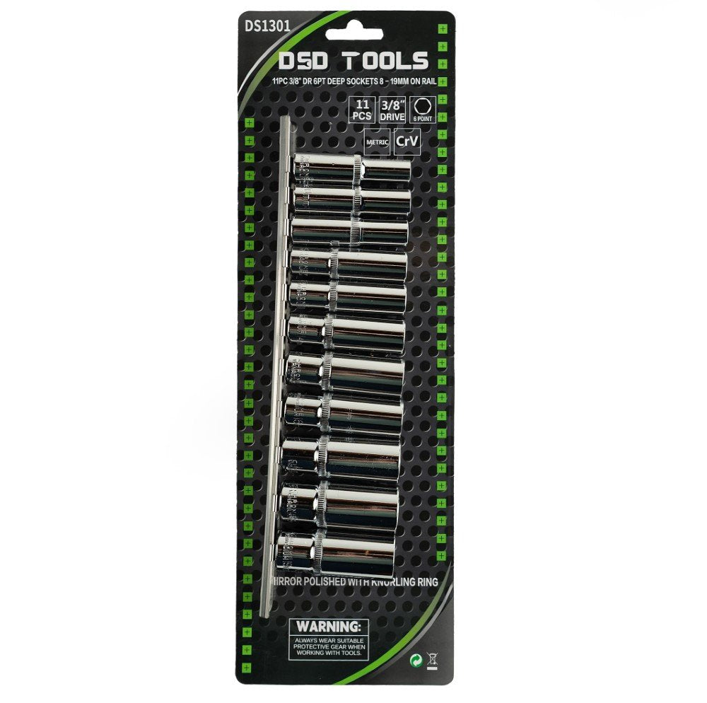 DSD TOOLS 11PC 3/8" DR 6PT DEEP SOCKETS 8 - 19MM ON RAIL DS1301 image 1