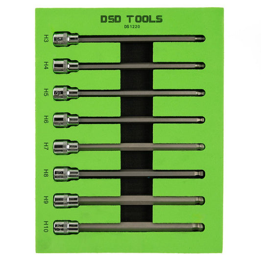 DSD TOOLS 8PCS 3/8” DR HEX BALL END BIT SOCKET SET - EXTRA LONG DS1220 image 0