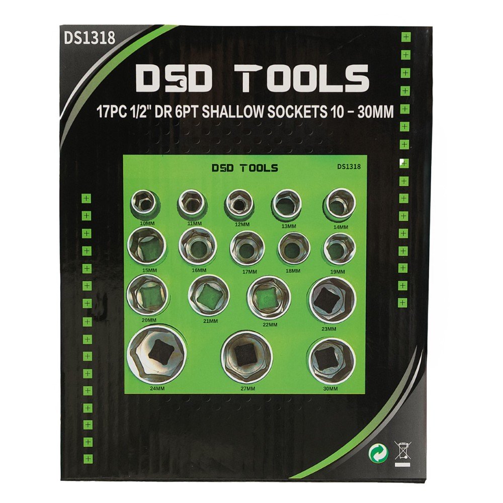 DSD TOOLS 17PC 1/2" DR 6PT SHALLOW SOCKETS 10 - 30MM DS1318 image 1