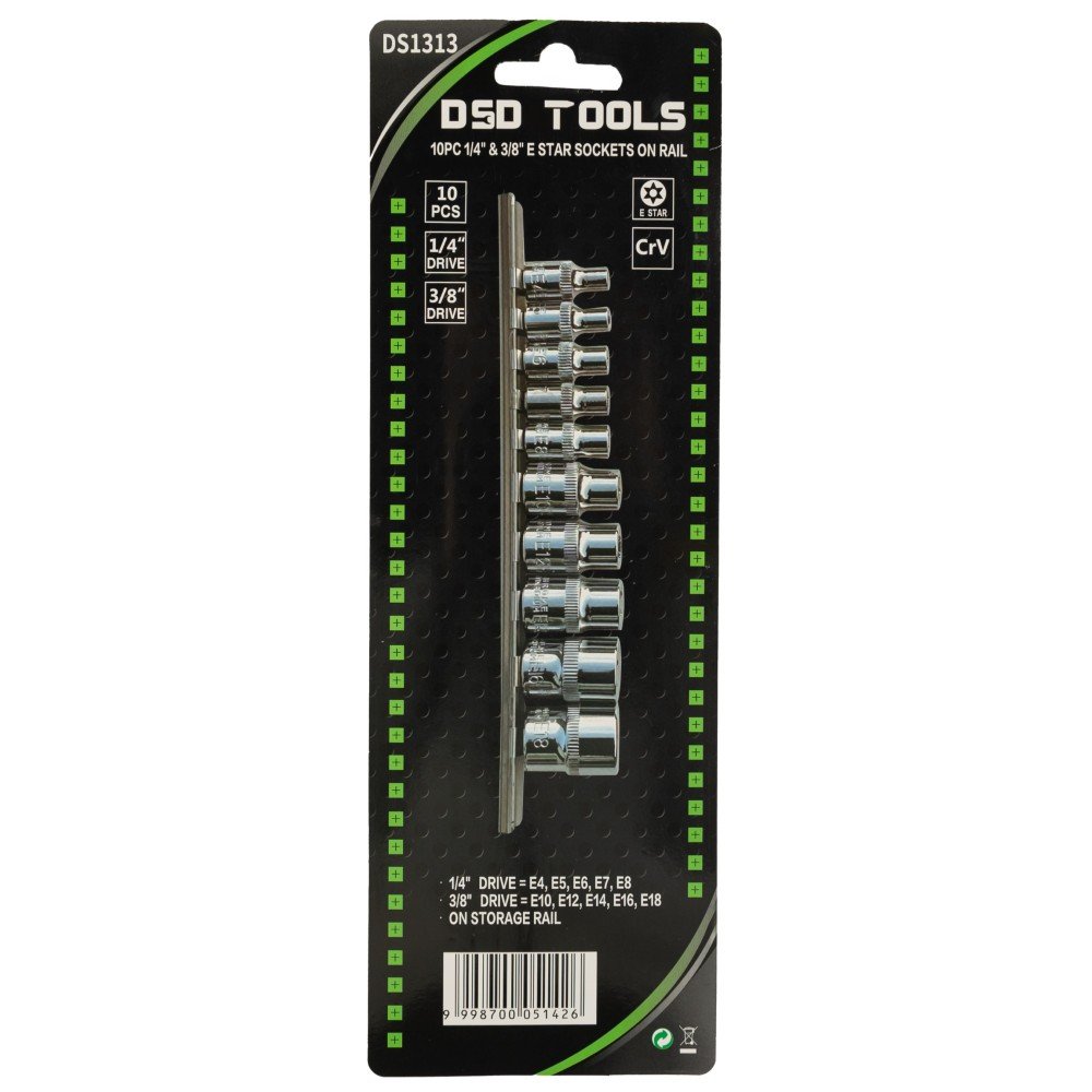 DSD TOOLS 10PC 1/4" & 3/8" E STAR SOCKETS ON RAIL DS1313 image 2