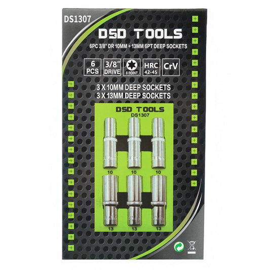 DSD TOOLS 6PC 3/8" DR 10MM + 13MM 6PT DEEP SOCKETS DS1307 image 1