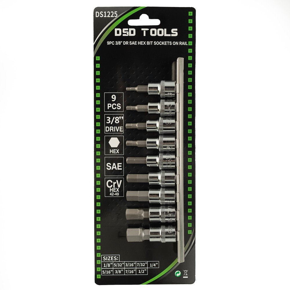 DSD TOOLS 9PC 3/8" DR SAE HEX BIT SOCKETS ON RAIL DS1225 image 1