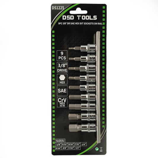 DSD TOOLS 9PC 3/8" DR SAE HEX BIT SOCKETS ON RAIL DS1225 image 1