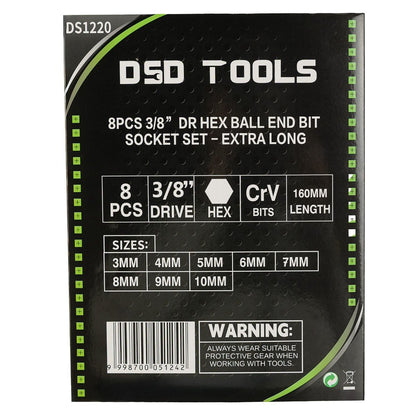 DSD TOOLS 8PCS 3/8” DR HEX BALL END BIT SOCKET SET - EXTRA LONG DS1220 image 2