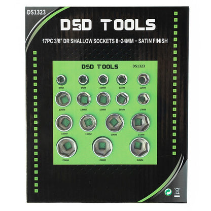 DSD TOOLS 17PC 3/8" DR SHALLOW SOCKETS 8-24MM - SATIN  FINISH DS1323 image 1