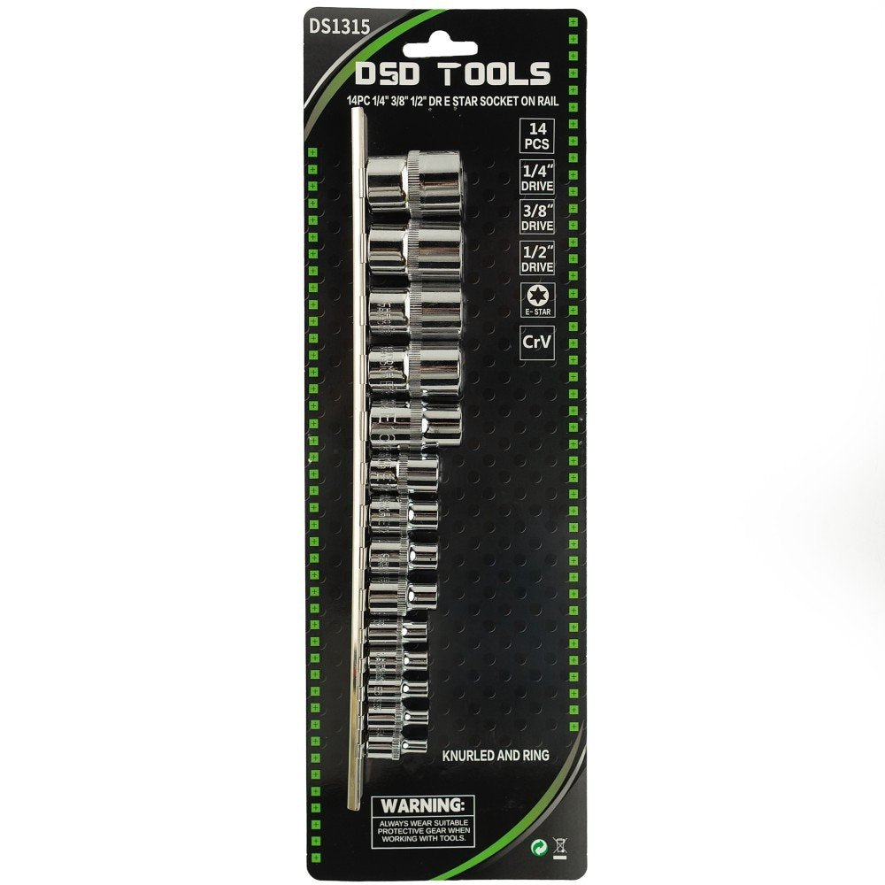 DSD TOOLS 14PC 1/4" 3/8" 1/2" DR E TORX SOCKET ON RAIL DS1315 image 0