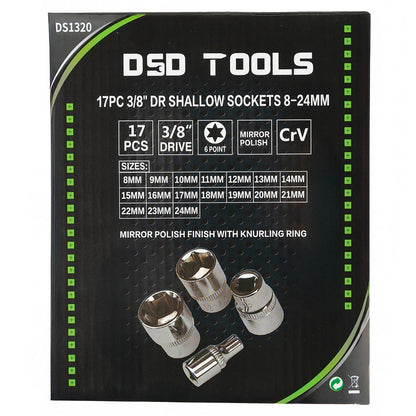 DSD TOOLS 17PC 3/8" DR SHALLOW SOCKETS 8-24MM DS1320 image 2