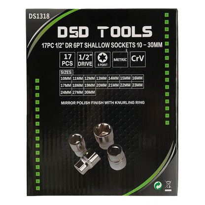 DSD TOOLS 17PC 1/2" DR 6PT SHALLOW SOCKETS 10 - 30MM DS1318 image 2