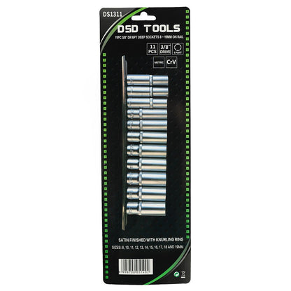 DSD TOOLS 11PC 3/8" DR 6PT DEEP SOCKETS 8 - 19MM ON RAIL DS1311 image 2