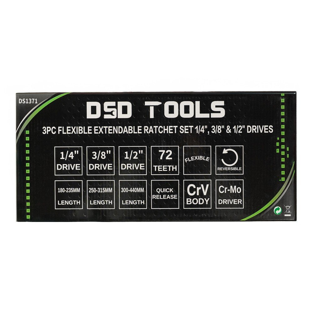 DSD TOOLS 3PC FLEXIBLE EXTENDABLE RATCHET SET 1/4", 3/8" &amp; 1/2" DRIVES DS1371 image 2