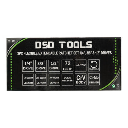 DSD TOOLS 3PC FLEXIBLE EXTENDABLE RATCHET SET 1/4", 3/8" &amp; 1/2" DRIVES DS1371 image 2