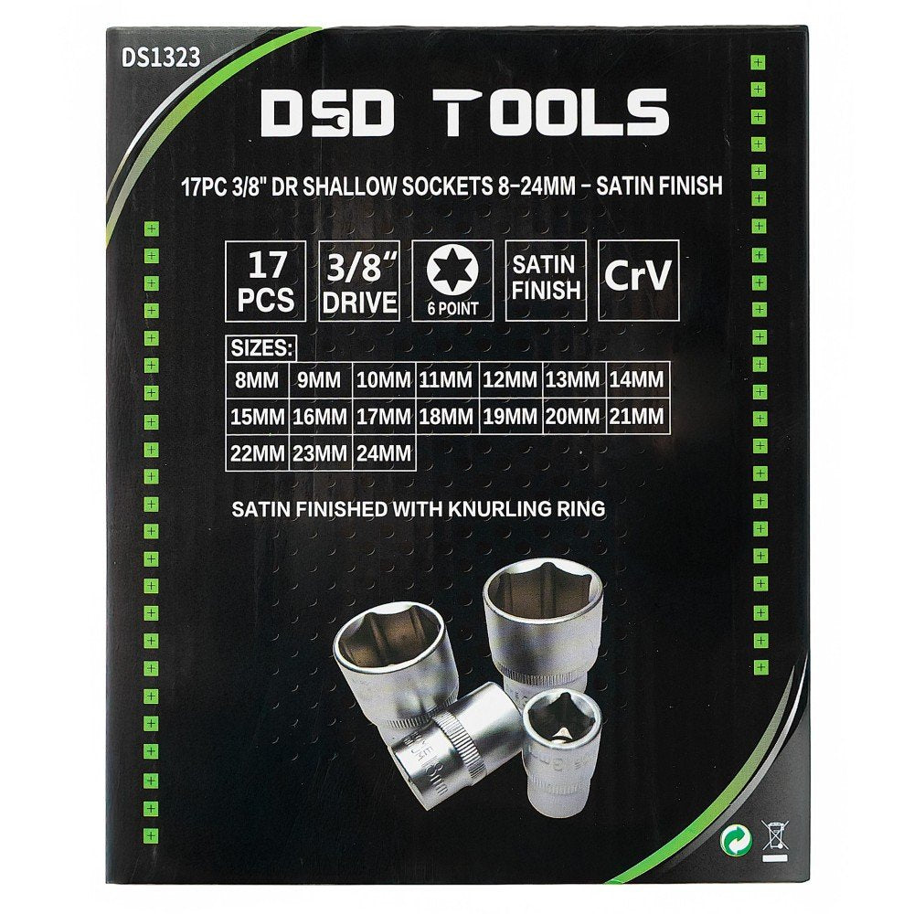 DSD TOOLS 17PC 3/8" DR SHALLOW SOCKETS 8-24MM - SATIN  FINISH DS1323 image 2
