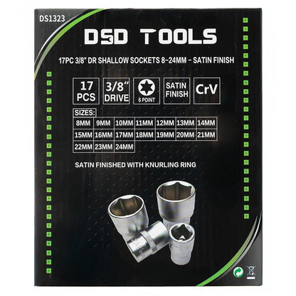 DSD TOOLS 17PC 3/8" DR SHALLOW SOCKETS 8-24MM - SATIN  FINISH DS1323 image 2