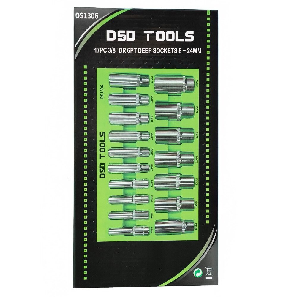 DSD TOOLS 17PC 3/8" DR 6PT DEEP SOCKETS 8 - 24MM DS1306 image 1