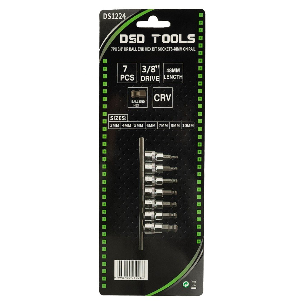 DSD TOOLS 7PC 3/8" DR BALL END HEX BIT SOCKETS 48MM ON RAIL DS1224 image 2