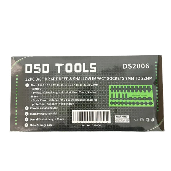 32PC 3/8″ DR 6PT DEEP & SHALLOW IMPACT SOCKETS 7MM TO 22MM