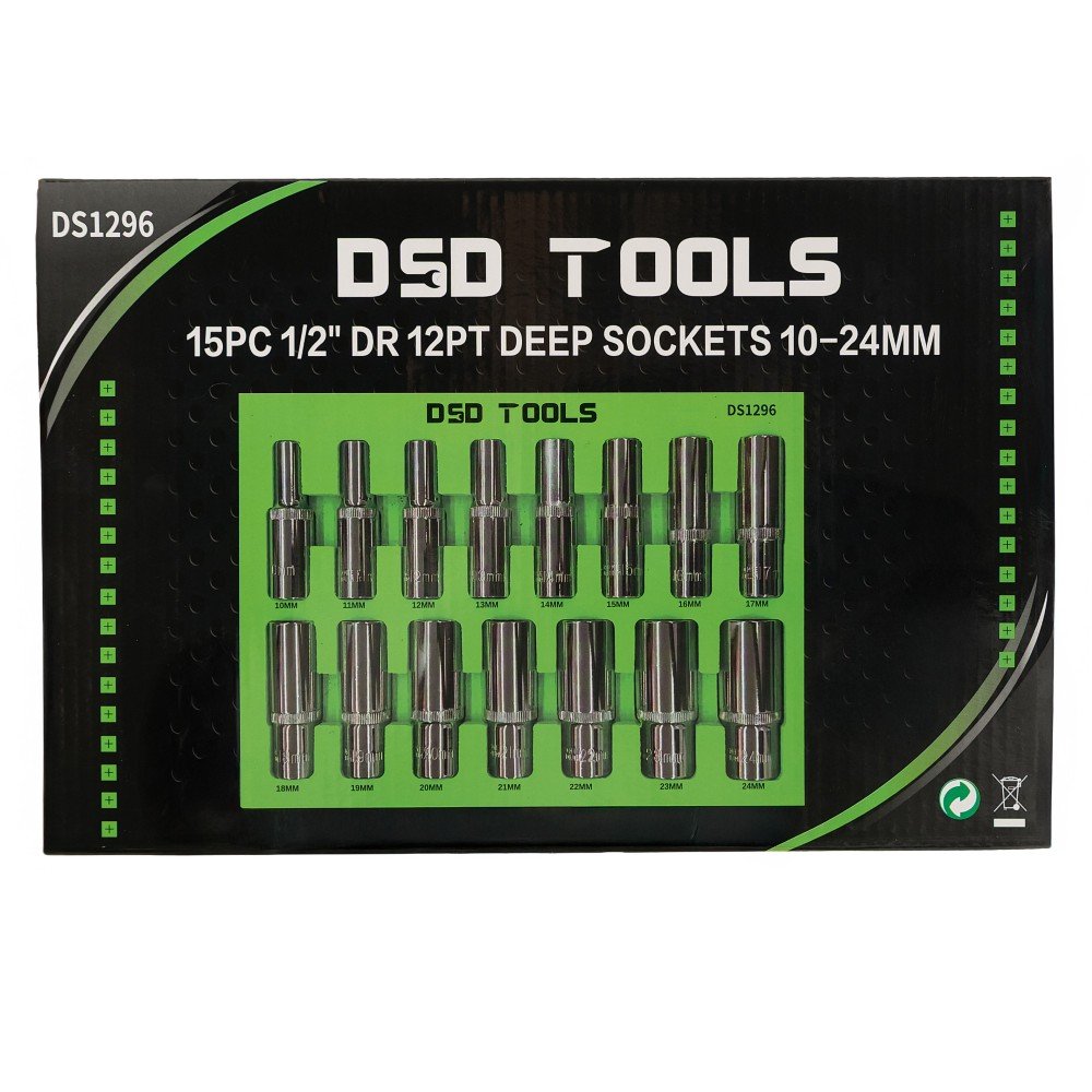 DSD TOOLS 15PC 1/2" DR 12PT DEEP SOCKETS 10-24MM  DS1296 image 0