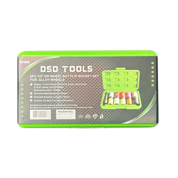 6pc 1/2 inch drive wheel nut flip socket set for alloy wheels