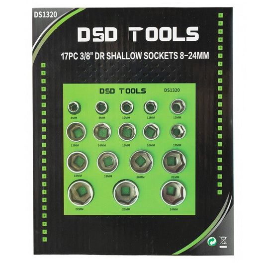 DSD TOOLS 17PC 3/8" DR SHALLOW SOCKETS 8-24MM DS1320 image 1