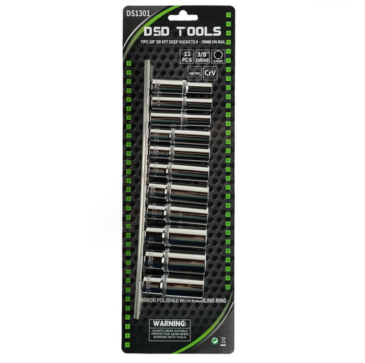 DSD TOOLS 11PC 3/8" DR 6PT DEEP SOCKETS 8 - 19MM ON RAIL DS1301 image 1