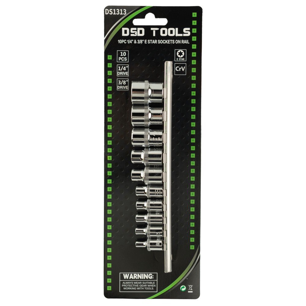 DSD TOOLS 10PC 1/4" &amp; 3/8" E STAR SOCKETS ON RAIL DS1313 image 0