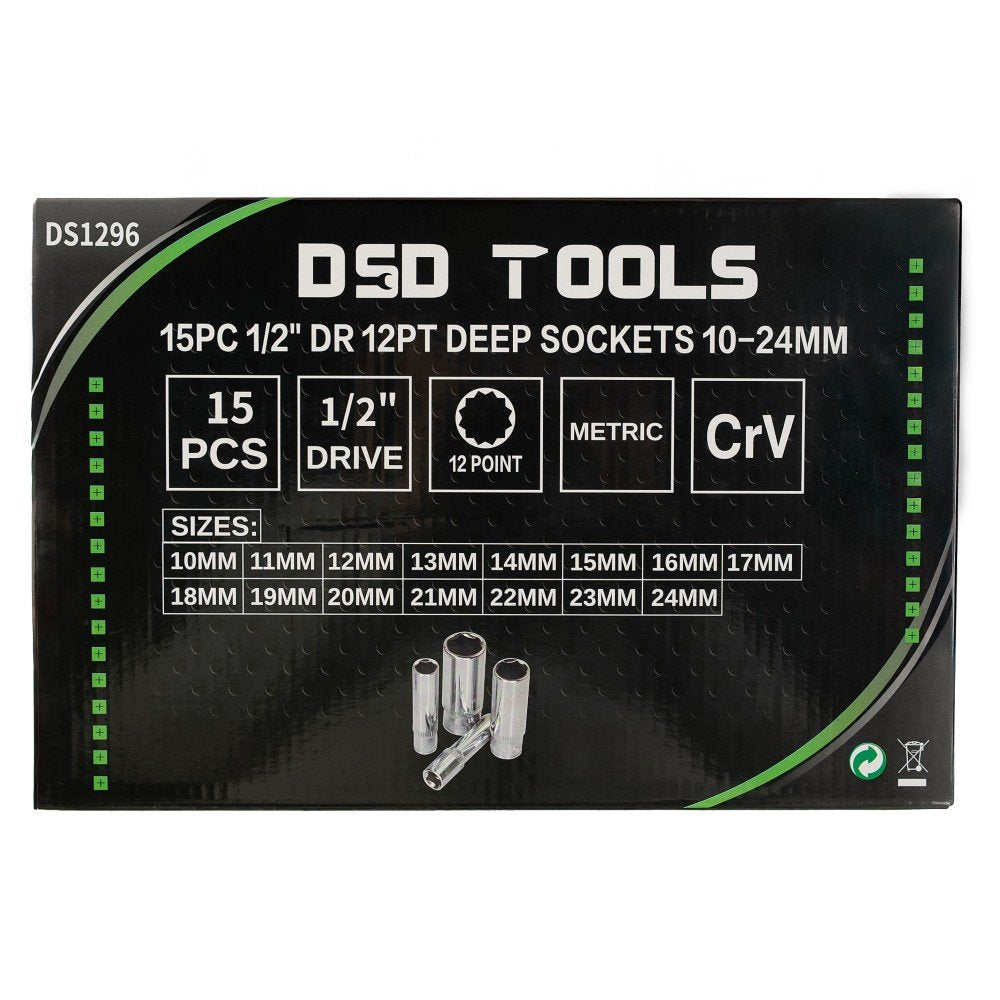 DSD TOOLS 15PC 1/2" DR 12PT DEEP SOCKETS 10-24MM  DS1296 image 2