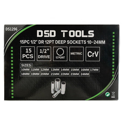 DSD TOOLS 15PC 1/2" DR 12PT DEEP SOCKETS 10-24MM  DS1296 image 2