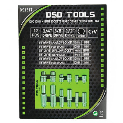 DSD TOOLS 12PC 10MM + 13MM SOCKETS MIXED DRIVES DEEP &amp;  SHALLOW DS1317 image 2