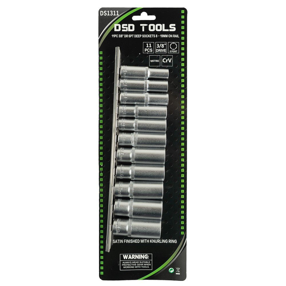 DSD TOOLS 11PC 3/8" DR 6PT DEEP SOCKETS 8 - 19MM ON RAIL DS1311 image 0