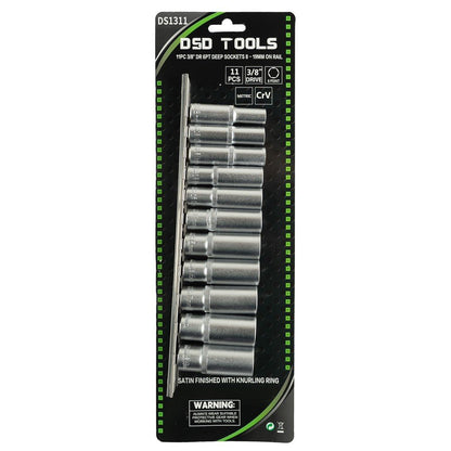 DSD TOOLS 11PC 3/8" DR 6PT DEEP SOCKETS 8 - 19MM ON RAIL DS1311 image 1