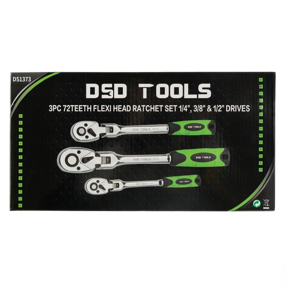 DSD TOOLS 3PC FLEXI HEAD RATCHET SET 1/4", 3/8" &amp; 1/2" DRIVES DS1373 image 0