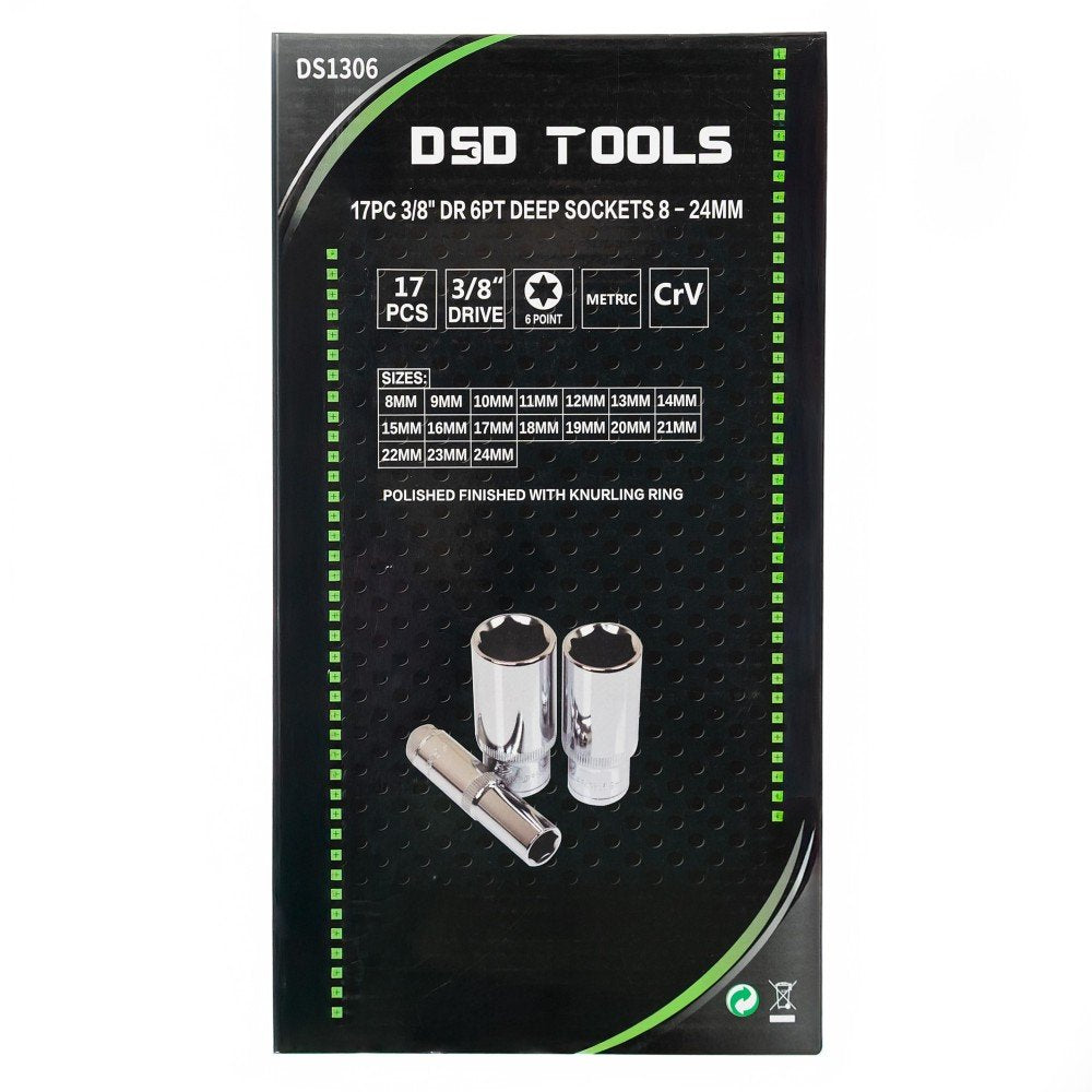 DSD TOOLS 17PC 3/8" DR 6PT DEEP SOCKETS 8 - 24MM DS1306 image 2