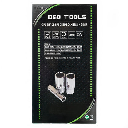 DSD TOOLS 17PC 3/8" DR 6PT DEEP SOCKETS 8 - 24MM DS1306 image 2