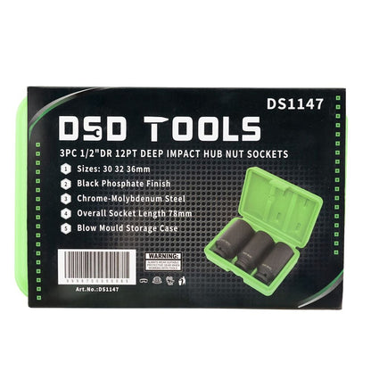 DSD TOOLS 3PC 1/2" DR 12PT DEEP IMPACT HUB NUT SOCKETS DS1147 image 3