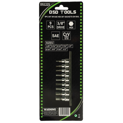 DSD TOOLS 9PC 3/8" DR SAE HEX BIT SOCKETS ON RAIL DS1225 image 2