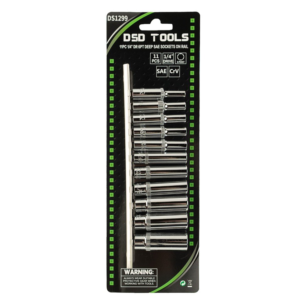 DSD TOOLS 11PC 1/4" DR 6PT DEEP SAE SOCKETS ON RAIL DS1299 image 1