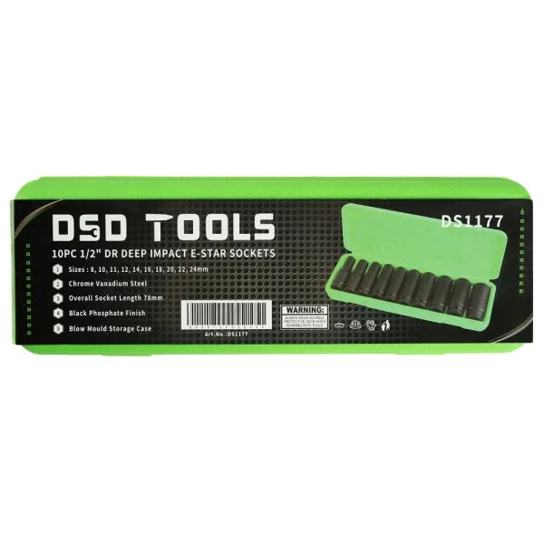 10PC 1/2″ DR DEEP IMPACT E STAR SOCKETS