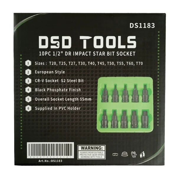 10PC 1/2″ DR IMPACT STAR BIT SOCKET DS1183