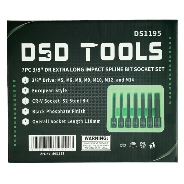 7PC 3/8″ DR EXTRA LONG IMPACT SPLINE BIT SOCKET SET
