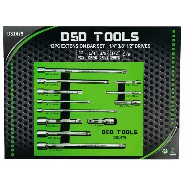 12PC EXTENSION BAR SET – 1/4″ 3/8″ 1/2