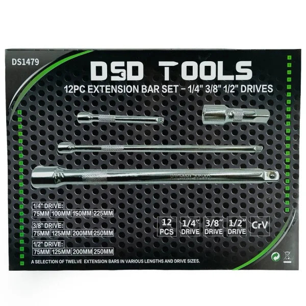 12PC EXTENSION BAR SET – 1/4″ 3/8″ 1/2