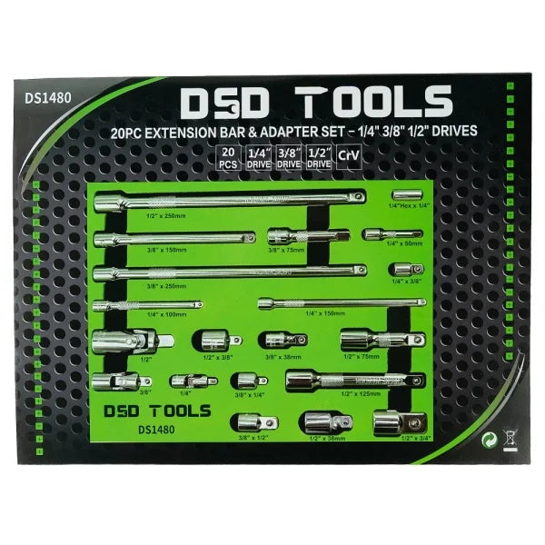 20PC EXTENSION BAR & ADAPTER SET – 1/4″ 3/8″ 1/2″
