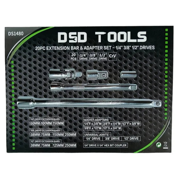 20PC EXTENSION BAR & ADAPTER SET – 1/4″ 3/8″ 1/2″