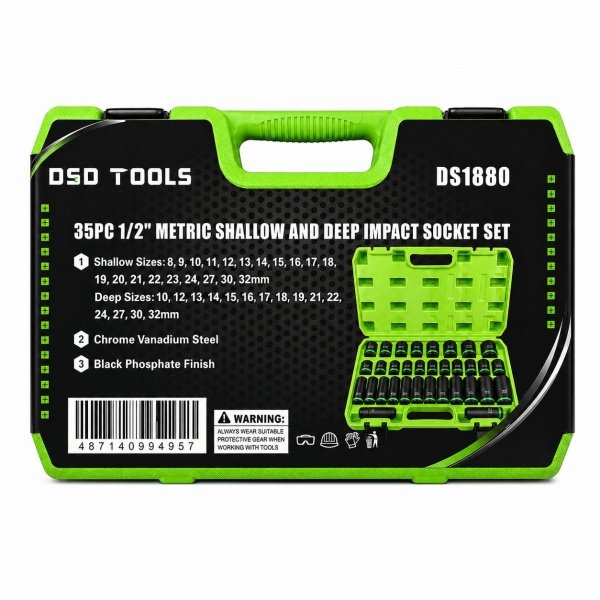 35pc 1/2 inch drive shallow and deep impact socket set included in the 51pc bundle